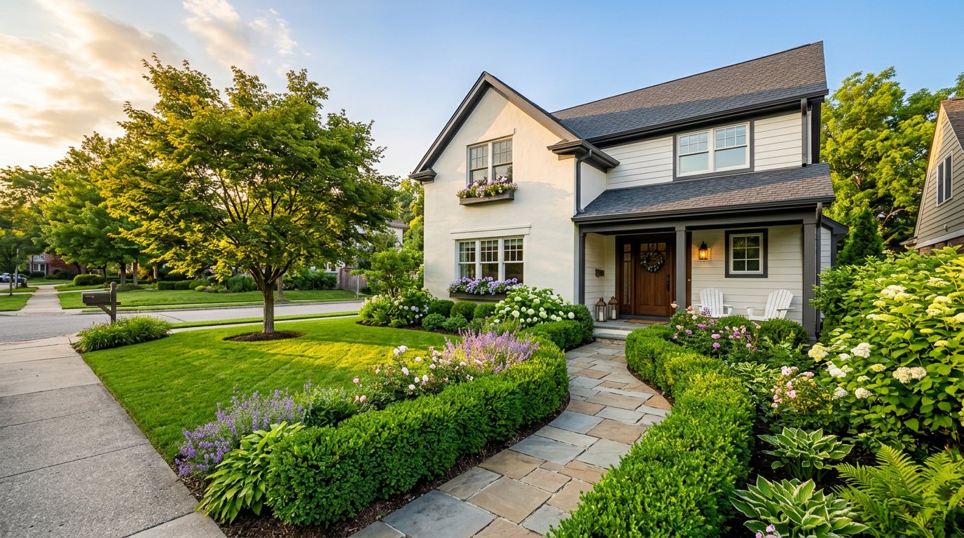 Renovated home exterior and garden